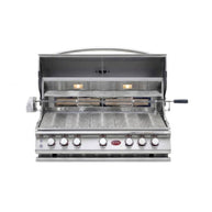 Stainless steel grill with 5 burners on a white background