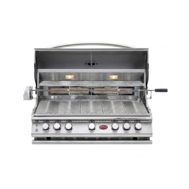 Stainless steel grill with 5 burners on a white background