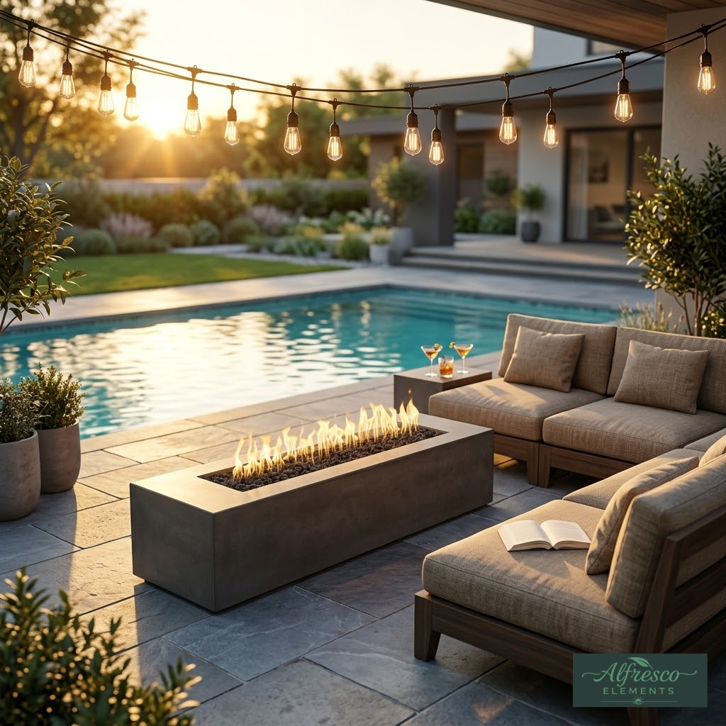 Outdoor patio with fire pit, lounge furniture, and string lights by a pool at sunset.