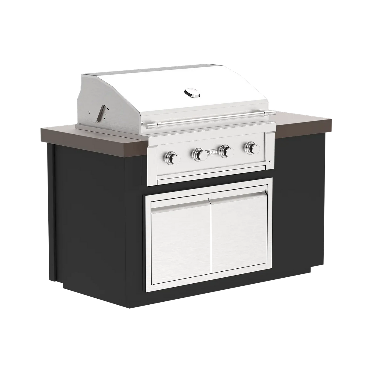 Outdoor kitchen island with grill and cabinets on a white background