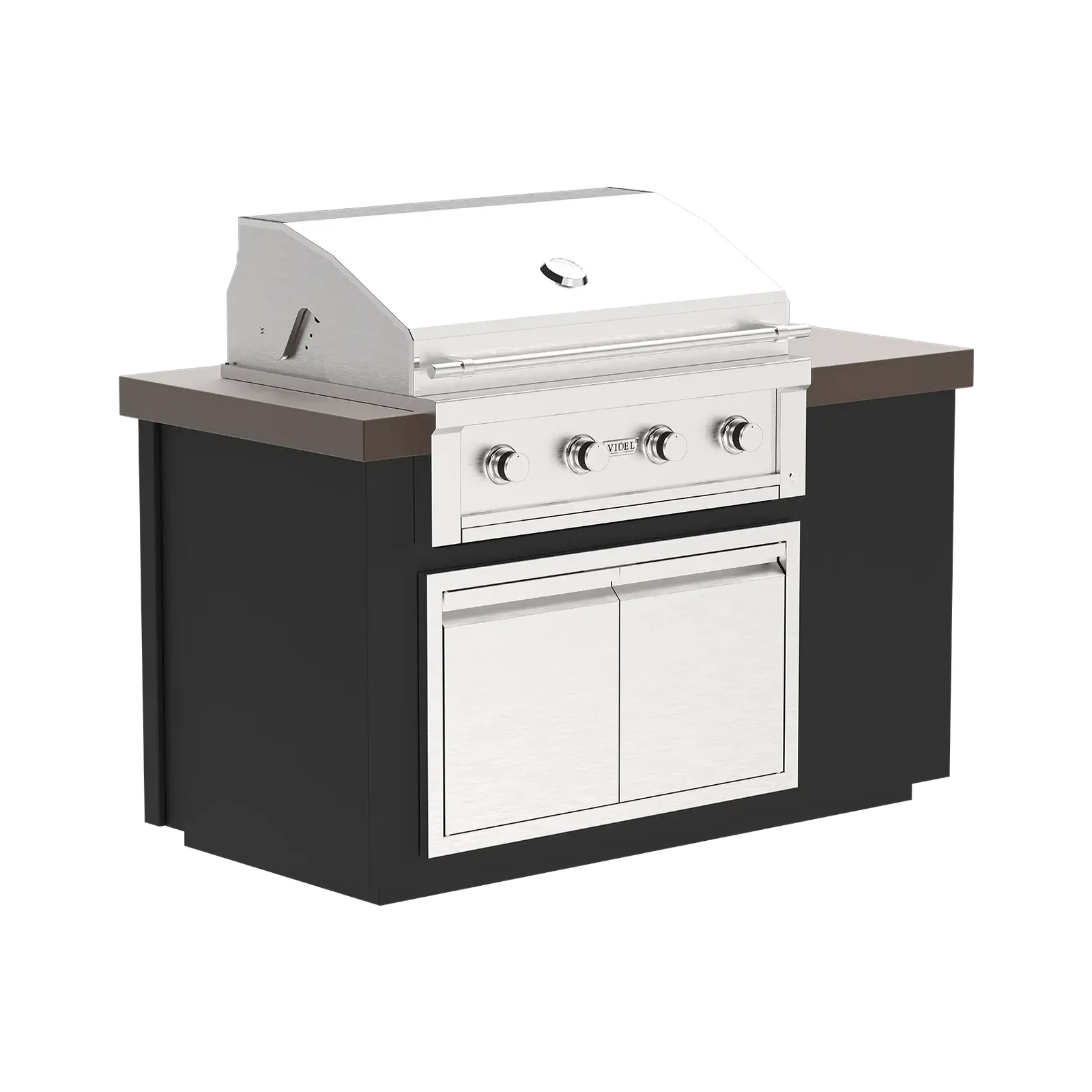 Outdoor kitchen island with grill and cabinets on a white background