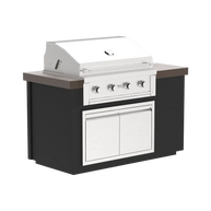Outdoor kitchen island with grill and cabinets on a white background