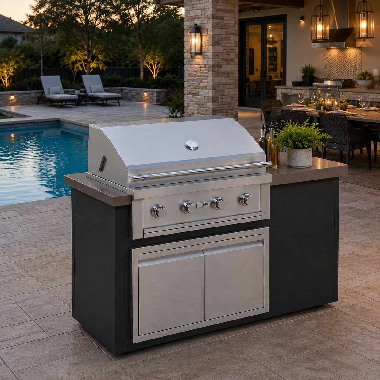 Outdoor kitchen with a grill near a pool at dusk