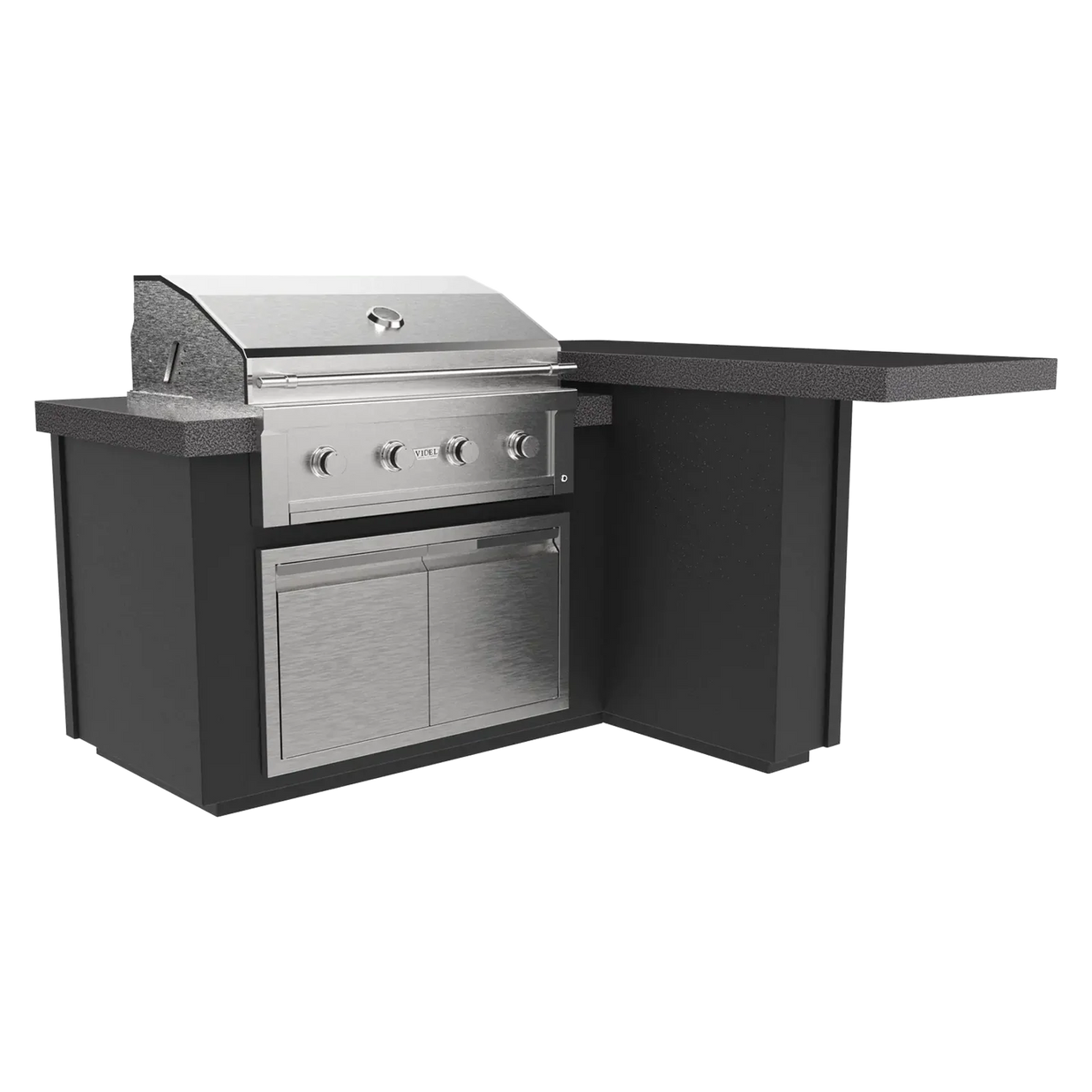 Outdoor grill with a black cabinet on a white background