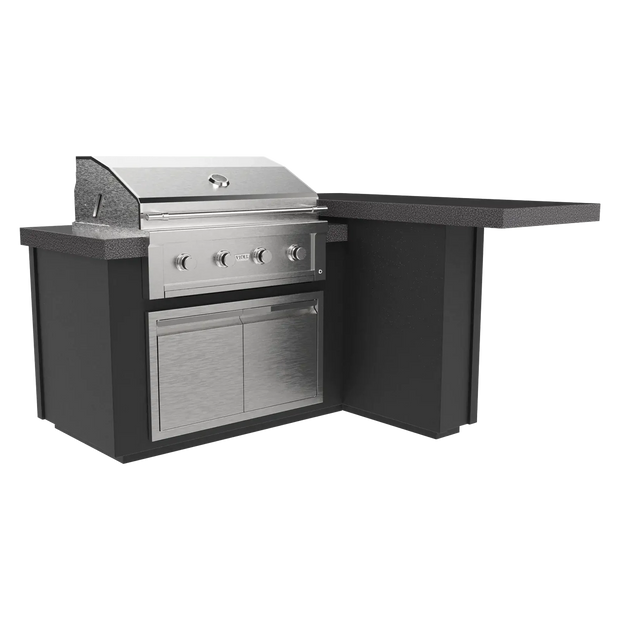 Outdoor grill with a black cabinet on a white background
