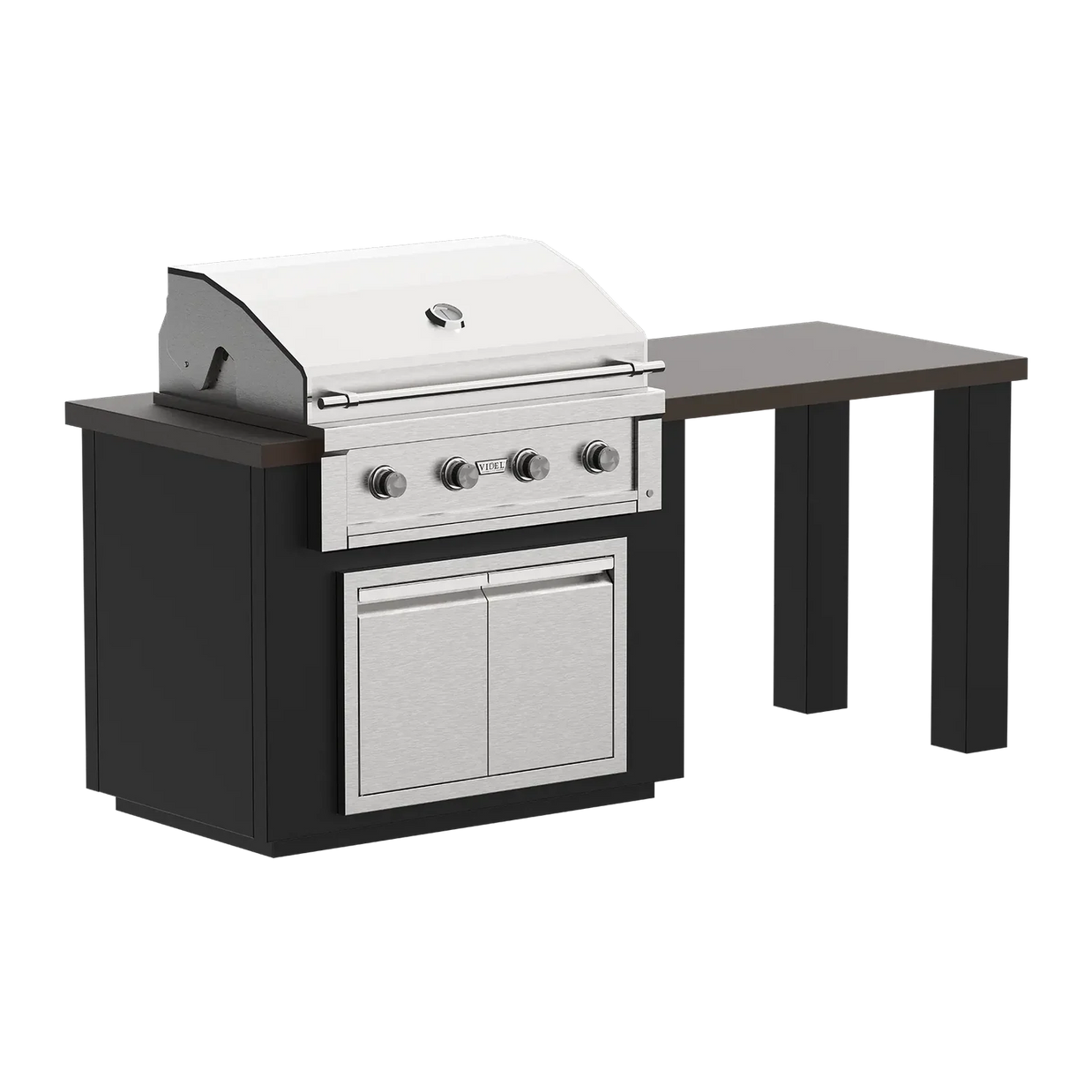 Outdoor grill with black cabinet and white lid on a white background