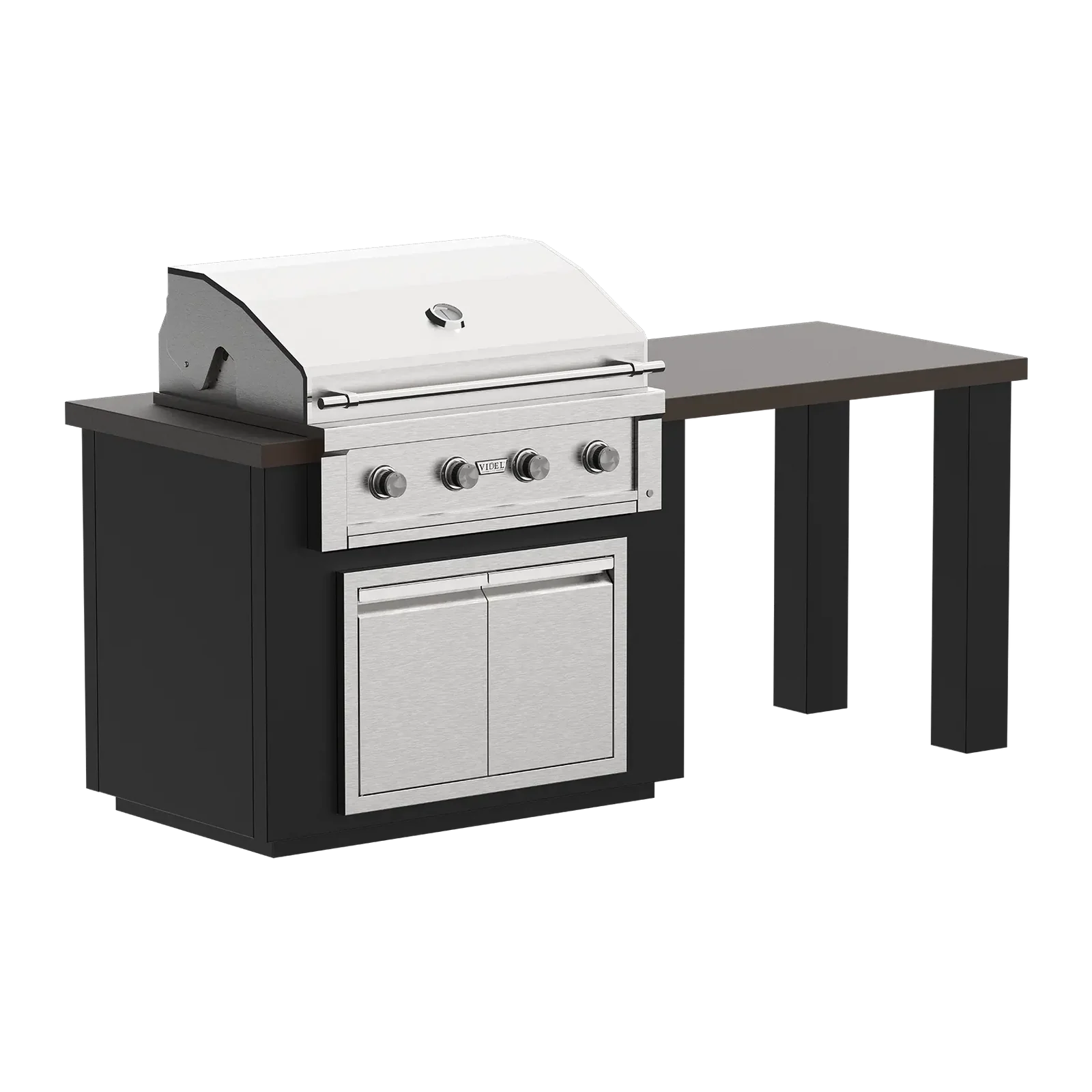 Outdoor grill with black cabinet and white lid on a white background