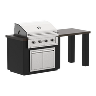 Outdoor grill with black cabinet and white lid on a white background