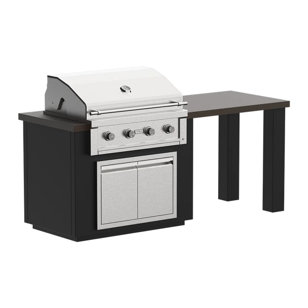 Outdoor grill with black cabinet and white lid on a white background