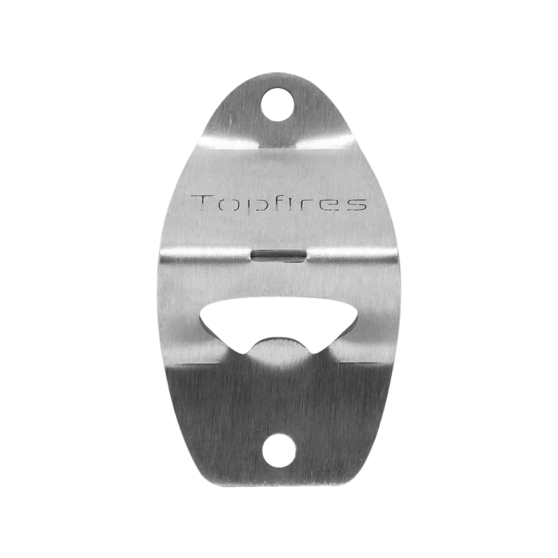 Metal bottle opener with 'Topfires' branding on a white background