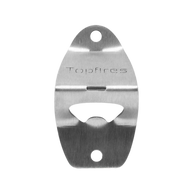 Metal bottle opener with 'Topfires' branding on a white background