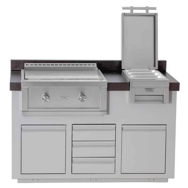 Outdoor kitchen island with grill and sink on a white background
