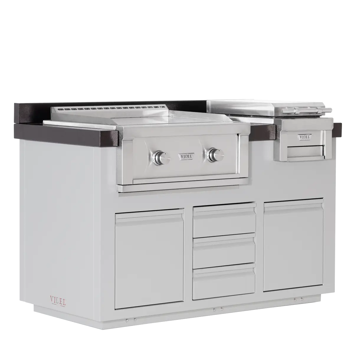 Stainless steel outdoor kitchen island with grill and storage drawers on a white background
