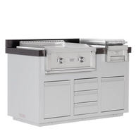 Stainless steel outdoor kitchen island with grill and storage drawers on a white background