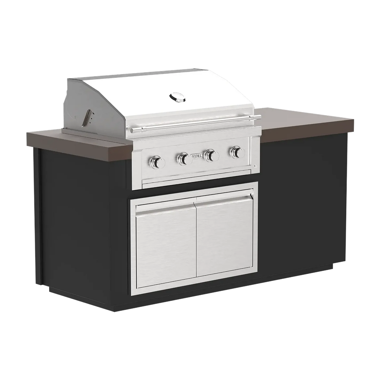 Outdoor kitchen island with grill and cabinets on a white background