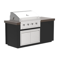 Outdoor kitchen island with grill and cabinets on a white background