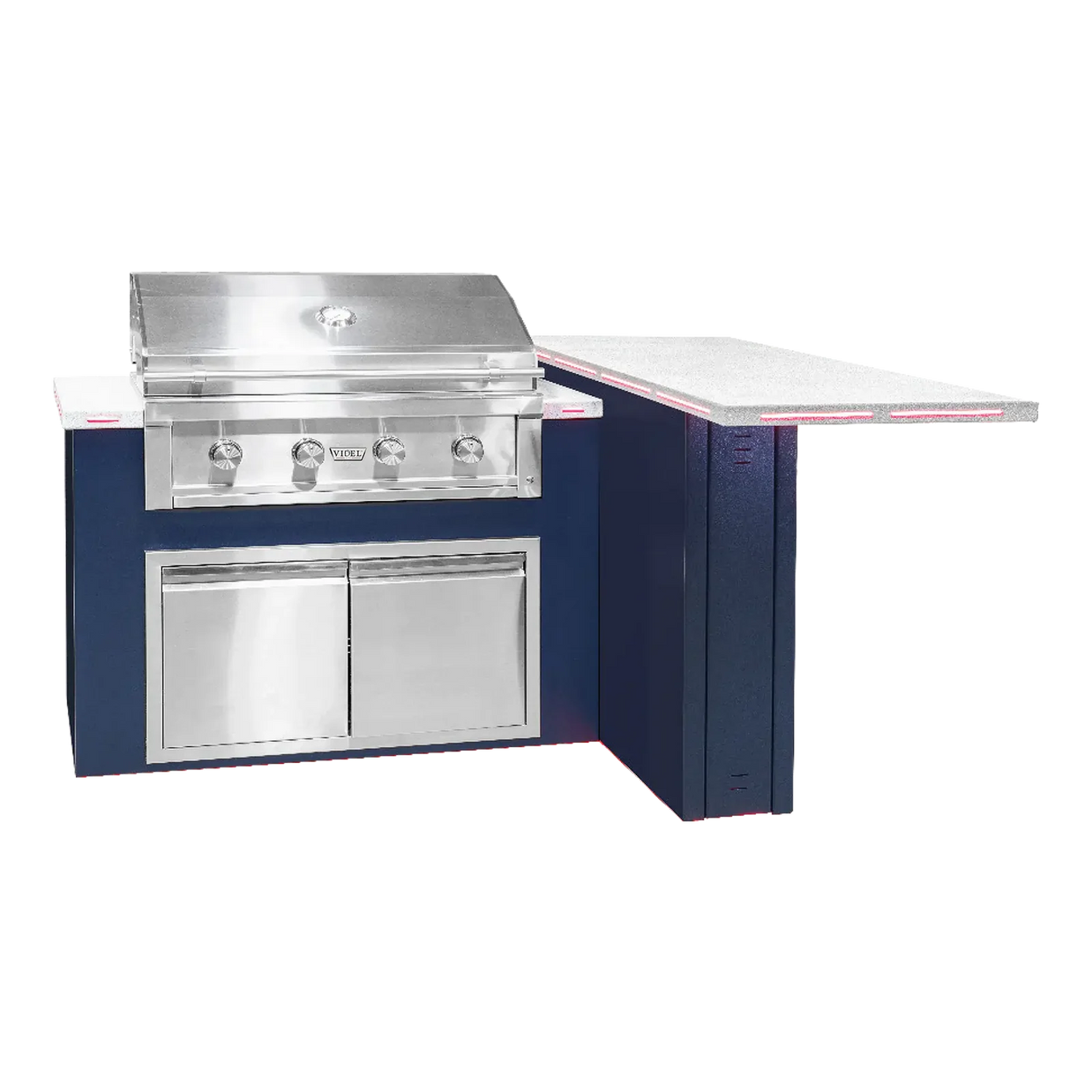 Outdoor kitchen grill and counter with blue base and white countertop with LED lights underneath on a white background