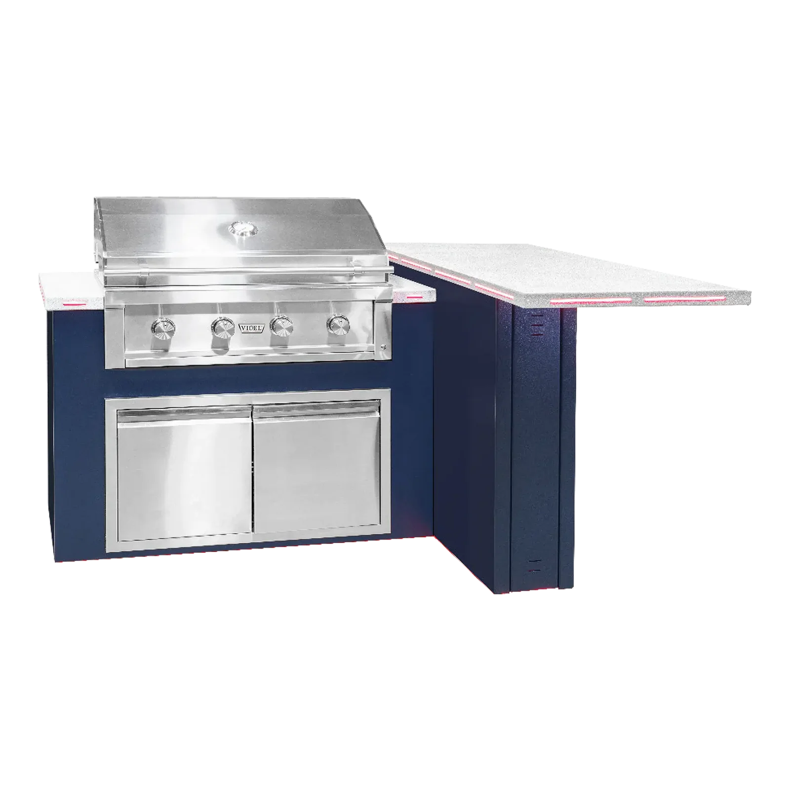 Outdoor kitchen grill and counter with blue base and white countertop with LED lights underneath on a white background