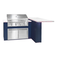Outdoor kitchen grill and counter with blue base and white countertop with LED lights underneath on a white background