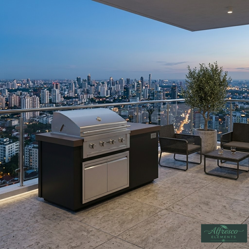 Outdoor kitchen with grill and city skyline view on a rooftop