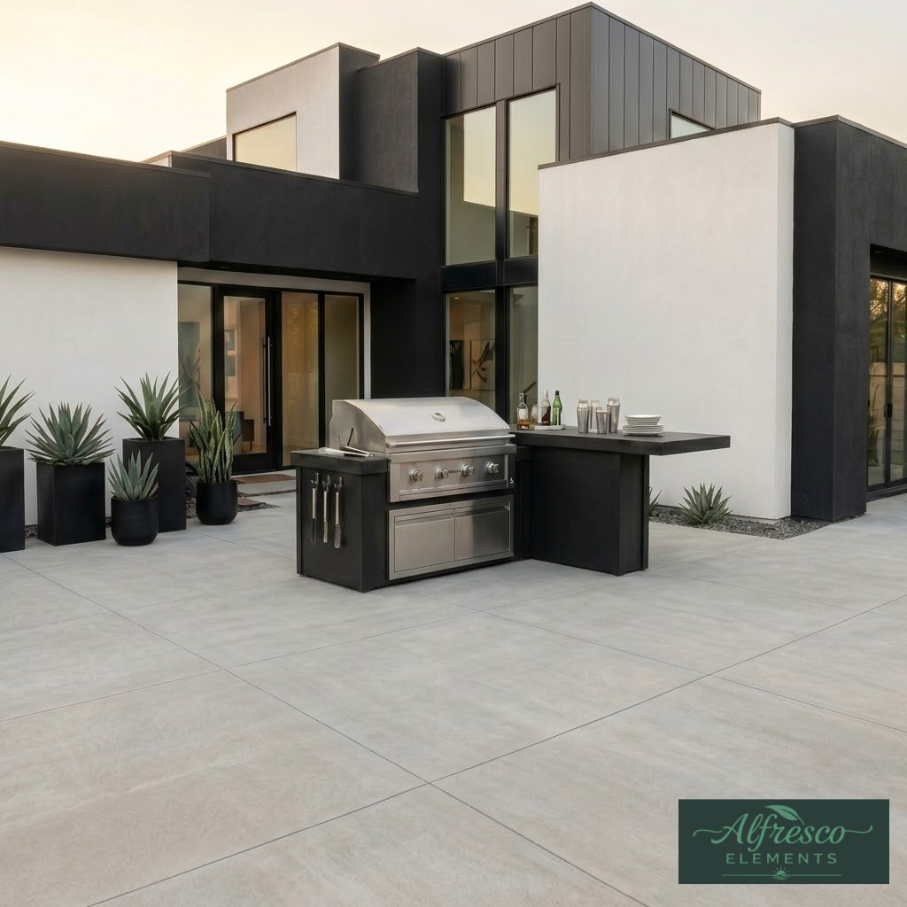 Modern outdoor kitchen with grill and dining table in front of a contemporary house