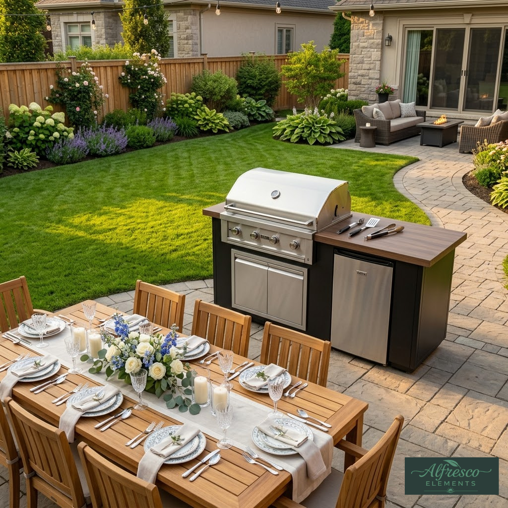 Outdoor patio setup with grill, dining table, and chairs in a backyard.