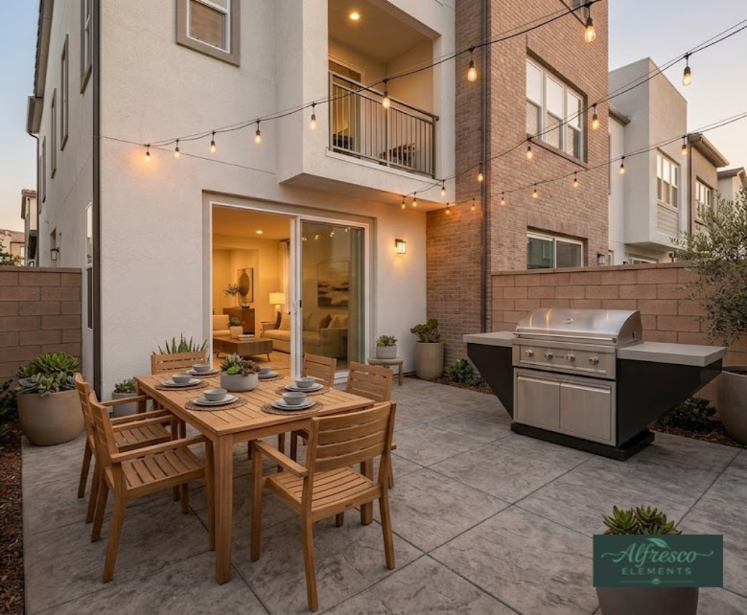 Outdoor patio with wooden dining table and chairs, grill, and string lights.