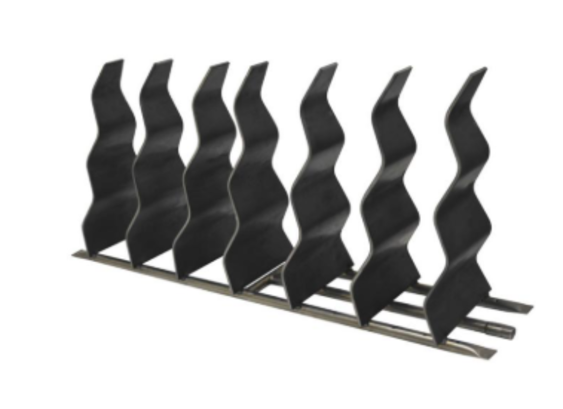 Decorative metal wall art with wavy black panels on a white background