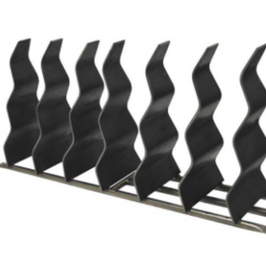 Decorative metal wall art with wavy black panels on a white background