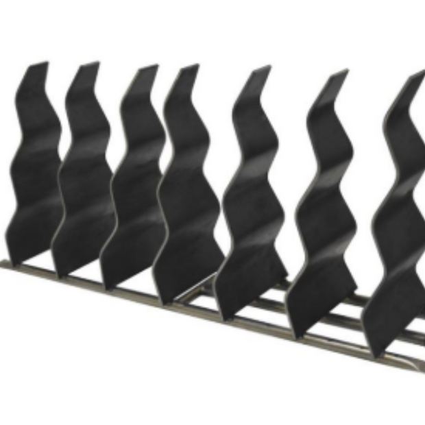 Decorative metal wall art with wavy black panels on a white background