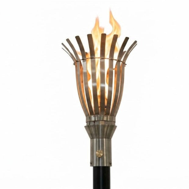Classic 304 Stainless Steel Basket Torch head and 68-inch mounting post by The Outdoor Plus on a white background
