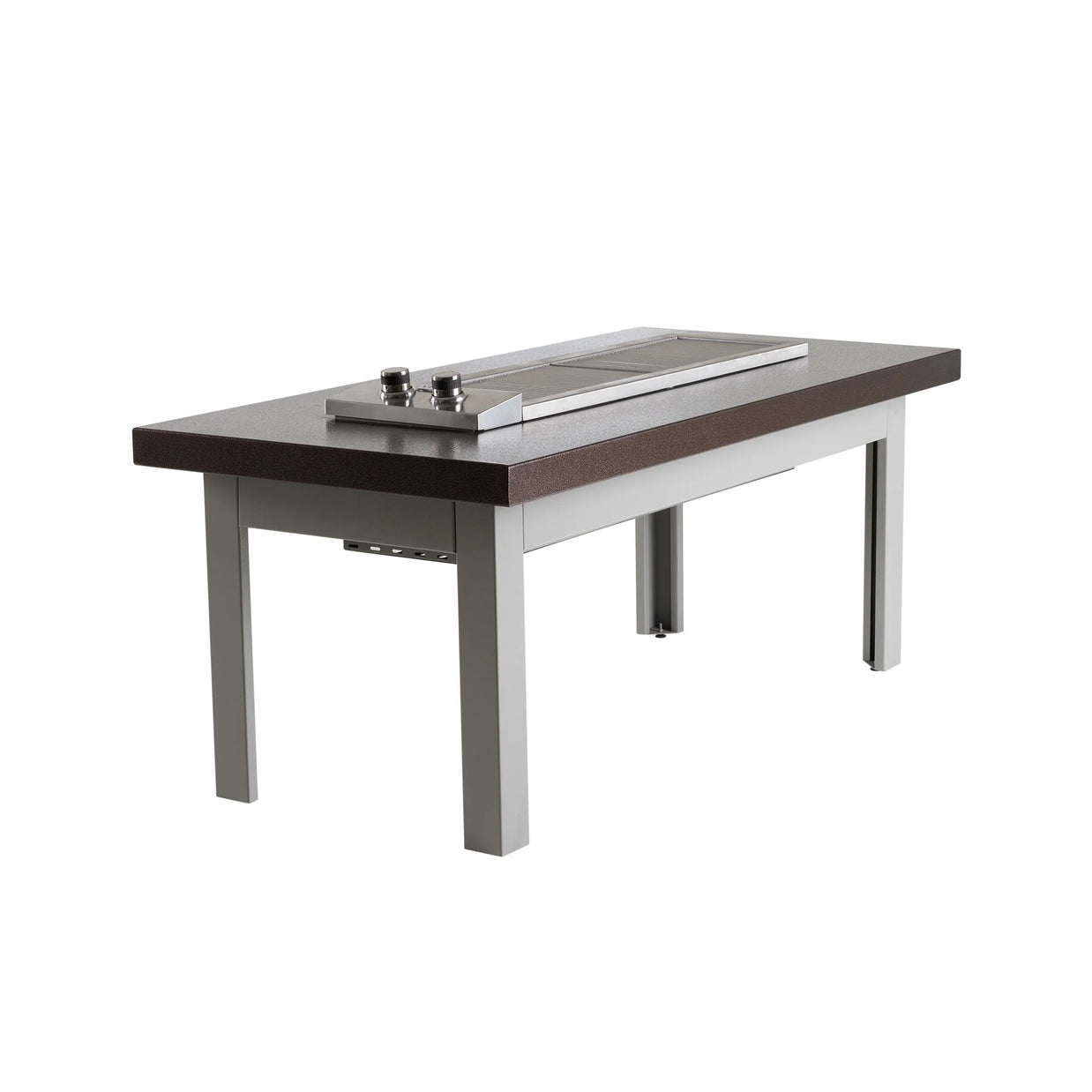 Modern dining table with a dark brown top and metal legs on a white background