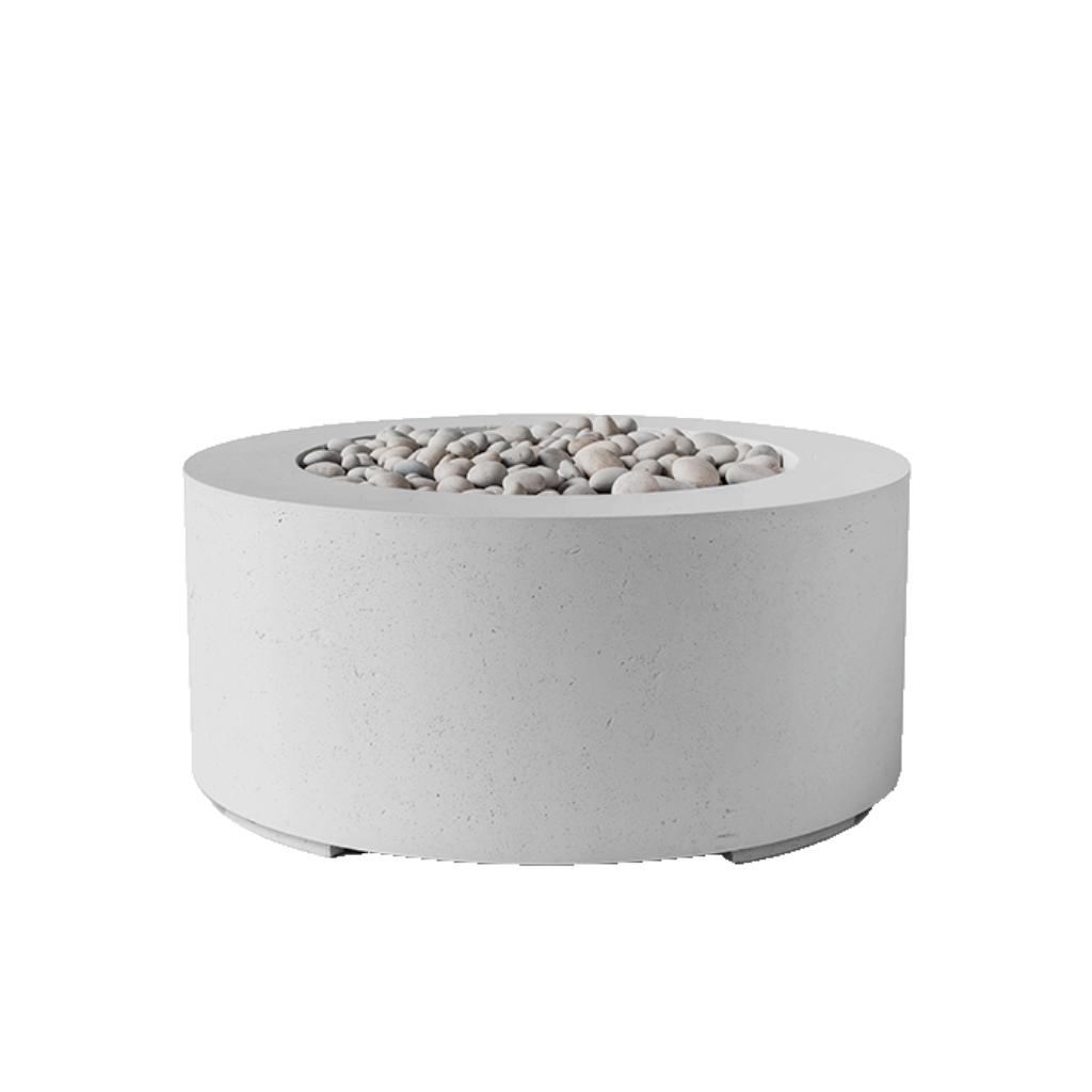 Round concrete fire pit with decorative stones on a white background