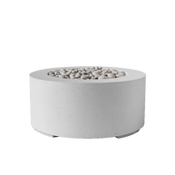 Round concrete fire pit with decorative stones on a white background