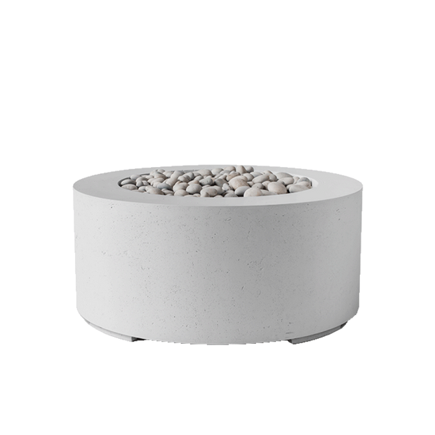 Round concrete fire pit with decorative stones on a white background