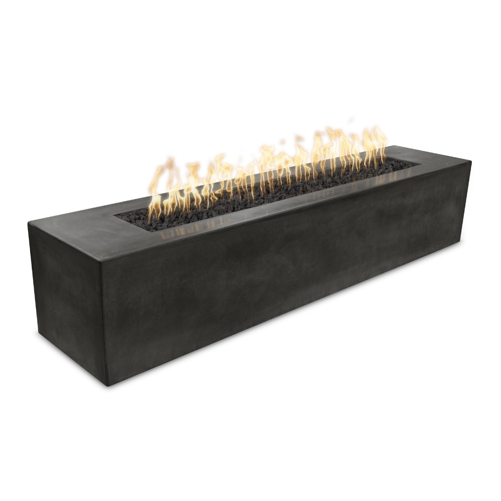 Rectangular concrete fire pit with flames on a white background