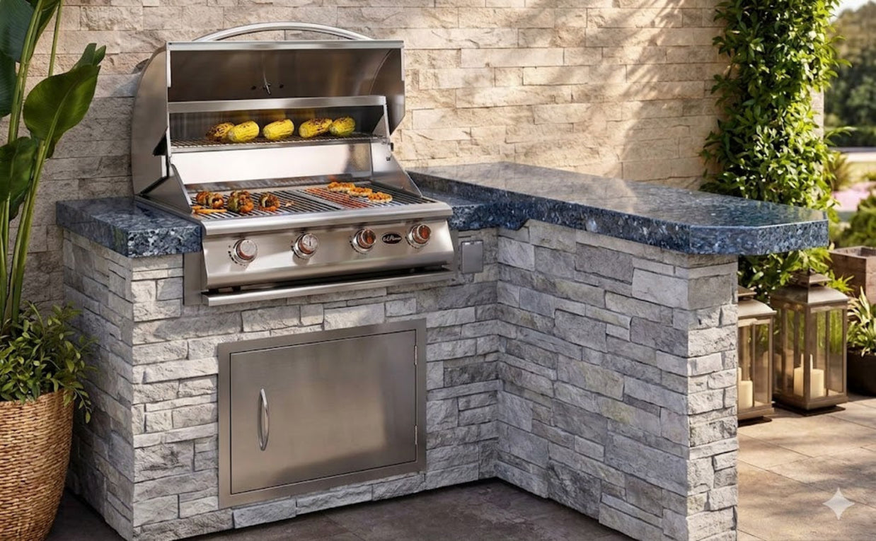 Mau Q with Blue Pearl natural stone top and Silver Lining Cultured Stone base