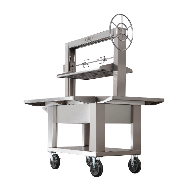 Stainless steel Brasa Grill with wheels, shelves and a rotisserie on a white background