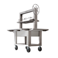 Stainless steel Brasa Grill with wheels, shelves and a rotisserie on a white background