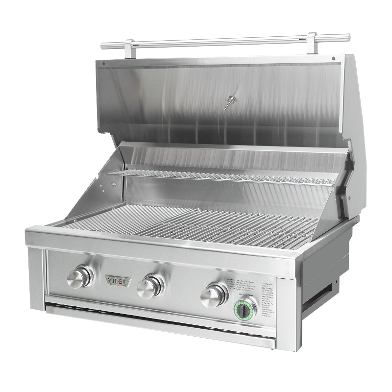 Stainless steel grill with control knobs on a white background