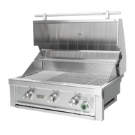 Stainless steel grill with control knobs on a white background