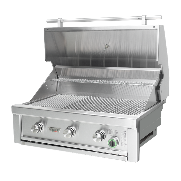 Stainless steel grill with control knobs on a white background