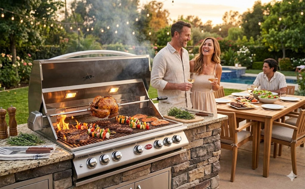 People enjoying a barbecue outdoors with a large grill and dining table.