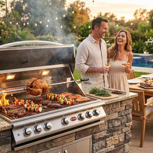 People enjoying a barbecue outdoors with a large grill and dining table.
