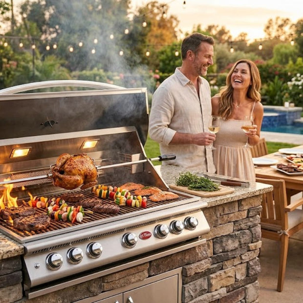 People enjoying a barbecue outdoors with a large grill and dining table.