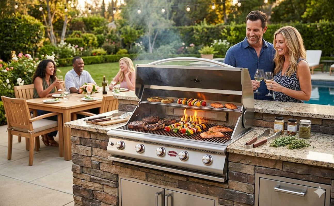 People grilling outdoors with a large barbecue grill in a backyard setting.