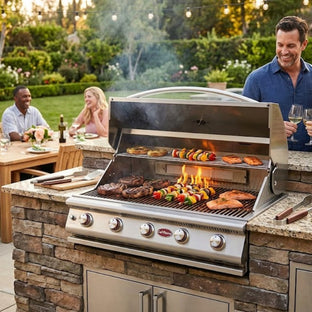 People grilling outdoors with a large barbecue grill in a backyard setting.