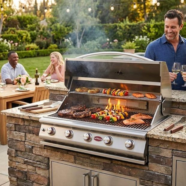 People grilling outdoors with a large barbecue grill in a backyard setting.