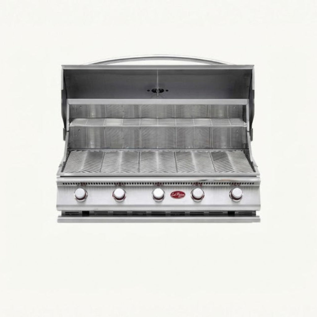 Stainless steel grill with brand logo on a white background