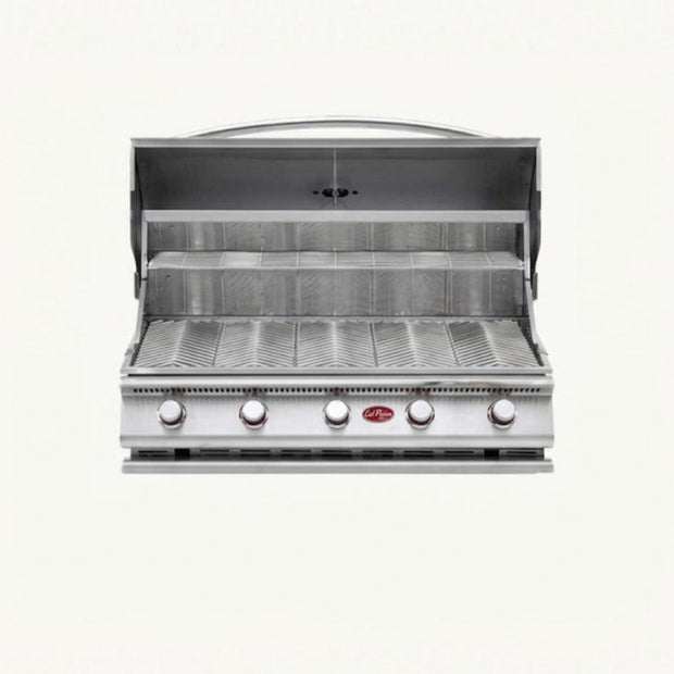 Stainless steel grill with brand logo on a white background